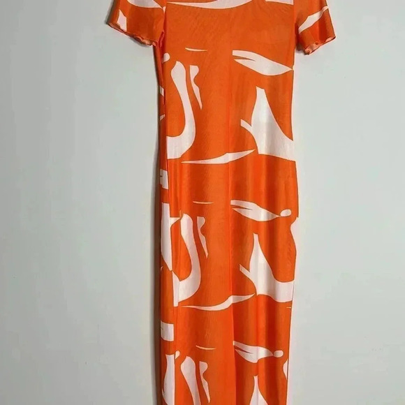 Women's Dress Color-Block Lettuce Trim Sheer Mesh Summer Dress Orange - Picture 9 of 11